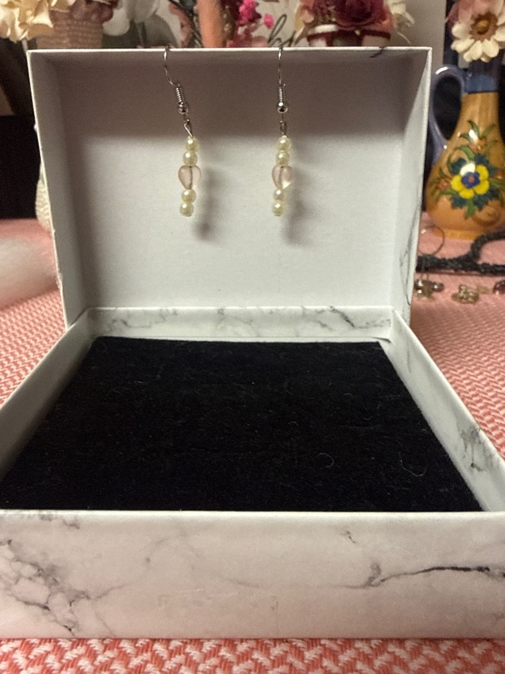 Vintage Style Faux Pearl and Rose Quartz Heart Earrings Handmade